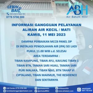 Pelanggan Air Batam Hilir,Menginformasikan ada Perbaikan MCCB Panel Intalasi pengolahan Air (IPA) Sei Ladi