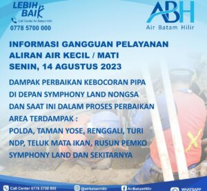 Pelanggan Air Batam Hilir,Menginformasikan Kebocoran Pipa di Depan Perumahan Symphony Land Nongsa