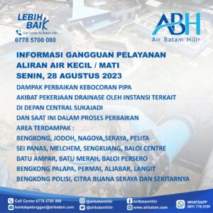 Pelanggan Air Batam Hilir,Menginformasikan Terjadi Kebocoran Pipa Transmisi Duriangkang DN 800mm Di Depan Sentral Suka Jadi