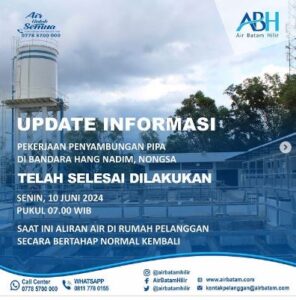 Air Batam Hilir Informasikan  Penyambungan Pipa di Bandara Hang Nadim, Nongsa Selesai