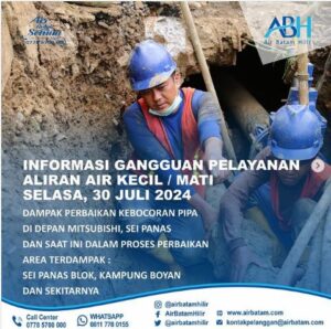 Air Batam Hilir Informasikan Dampak Perbaikan Kebocoran Pipa DCIP 150mm di Depan Dealer Mitsubishi, Sei Panas