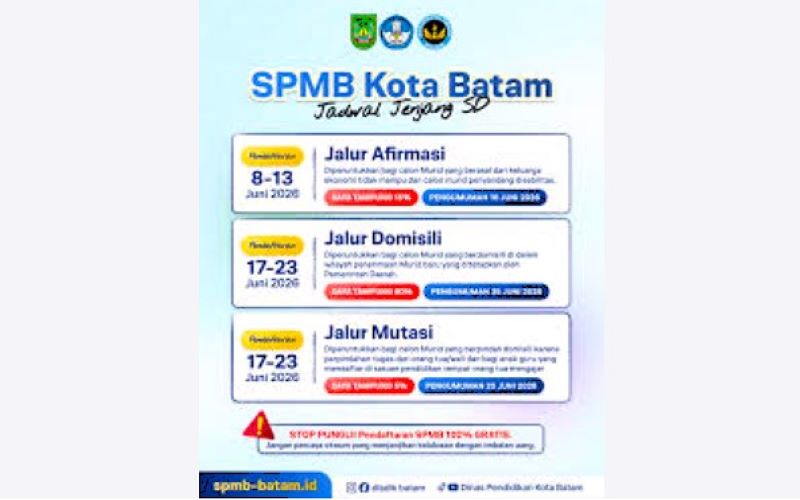 Disdik Kota Batam mulai membuka SPMB SD Negeri pada awal Juni 2026 (ist)
