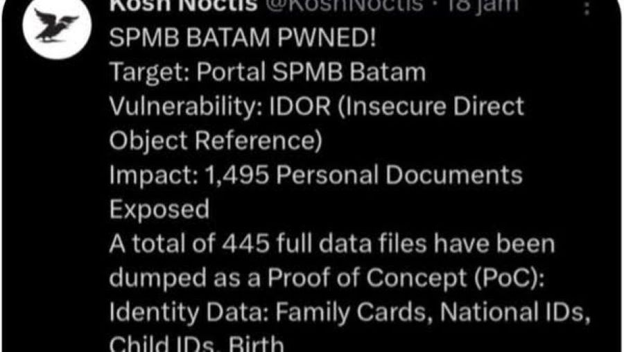Heboh! Diduga 1.495 Data Pendaftar SPMB Batam Bocor, KK hingga Akta Kelahiran Terancam Tersebar