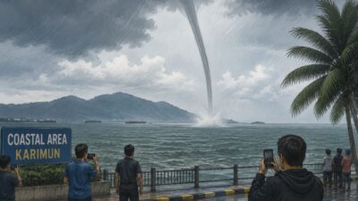 Heboh! Pusaran Angin Raksasa Muncul di Laut Karimun, Warga Coastal Area Panik Berhamburan