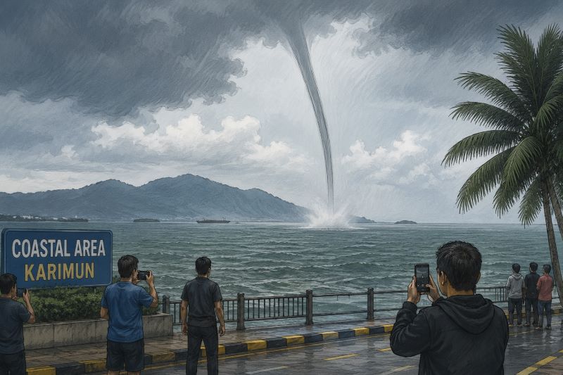Heboh! Pusaran Angin Raksasa Muncul di Laut Karimun, Warga Coastal Area Panik Berhamburan