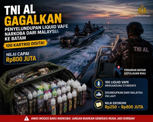 TNI AL Gagalkan Penyelundupan 100 Liquid Vape Narkoba dari Malaysia ke Batam, Nilainya Tembus Rp800 Juta