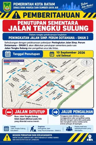 Ada Proyek Jalan, Ruas Tengku Sulung Batam Ditutup Mulai 10 September, Ini Pengalihan Lalu Lintasnya